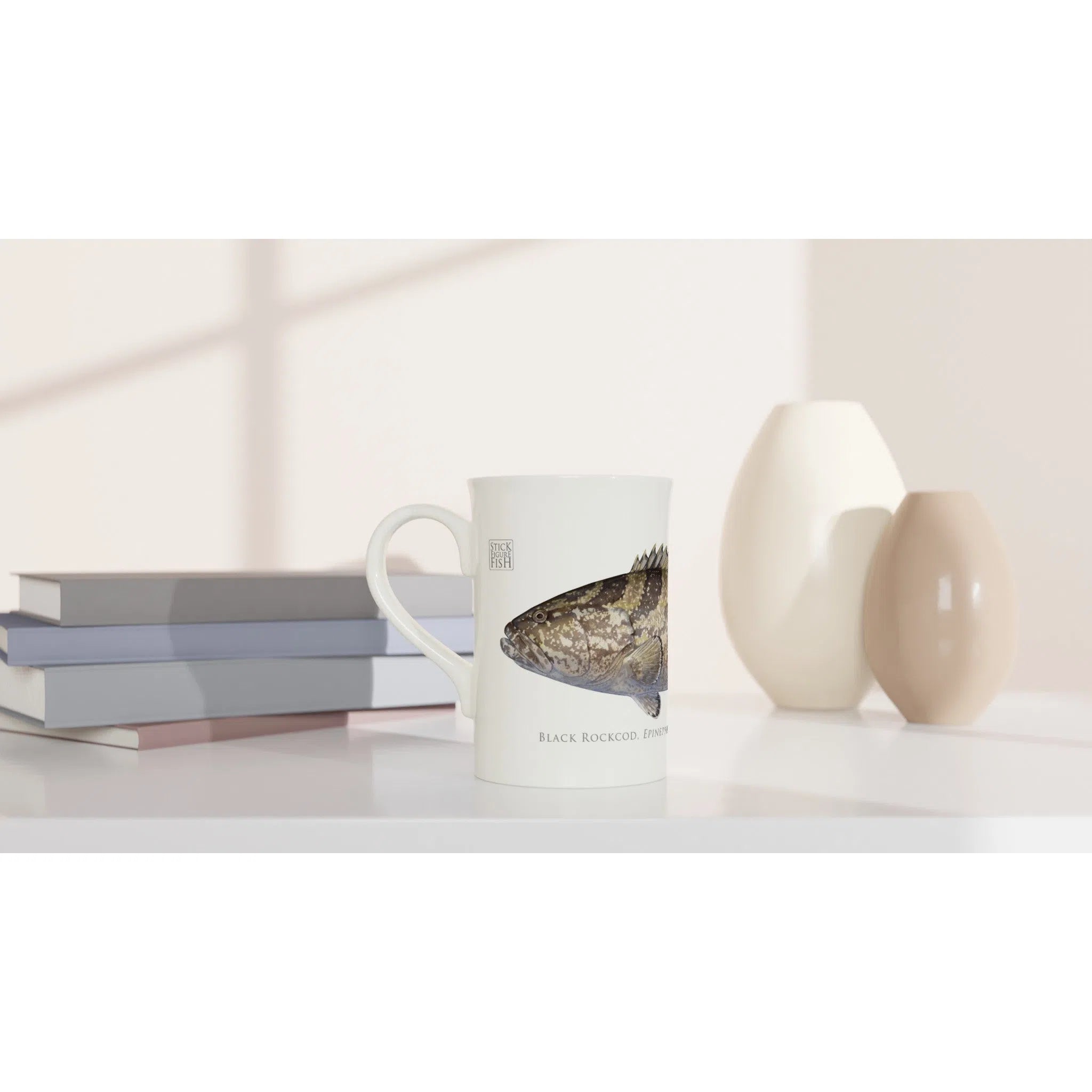 Black Rockcod - Fine Bone China Mug-Stick Figure Fish Illustration