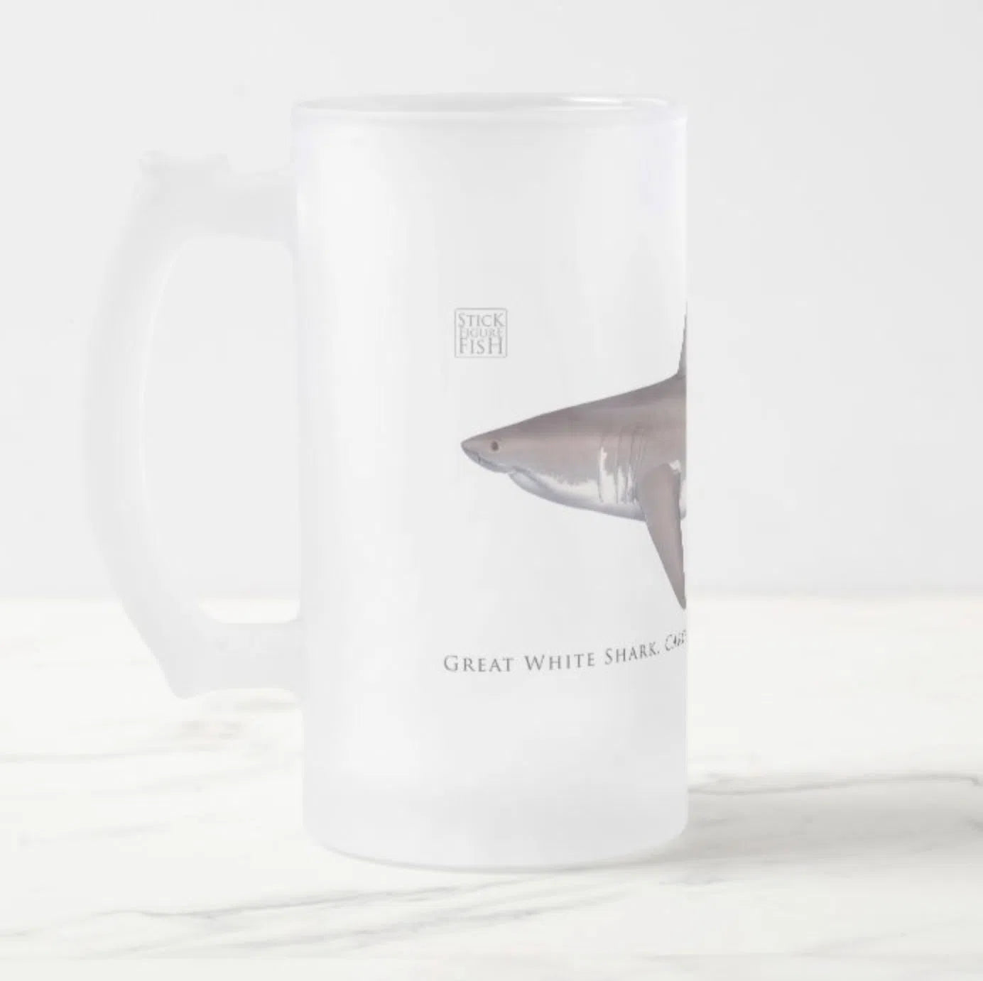 Great White Shark - Frosted Glass Stein-Stick Figure Fish Illustration