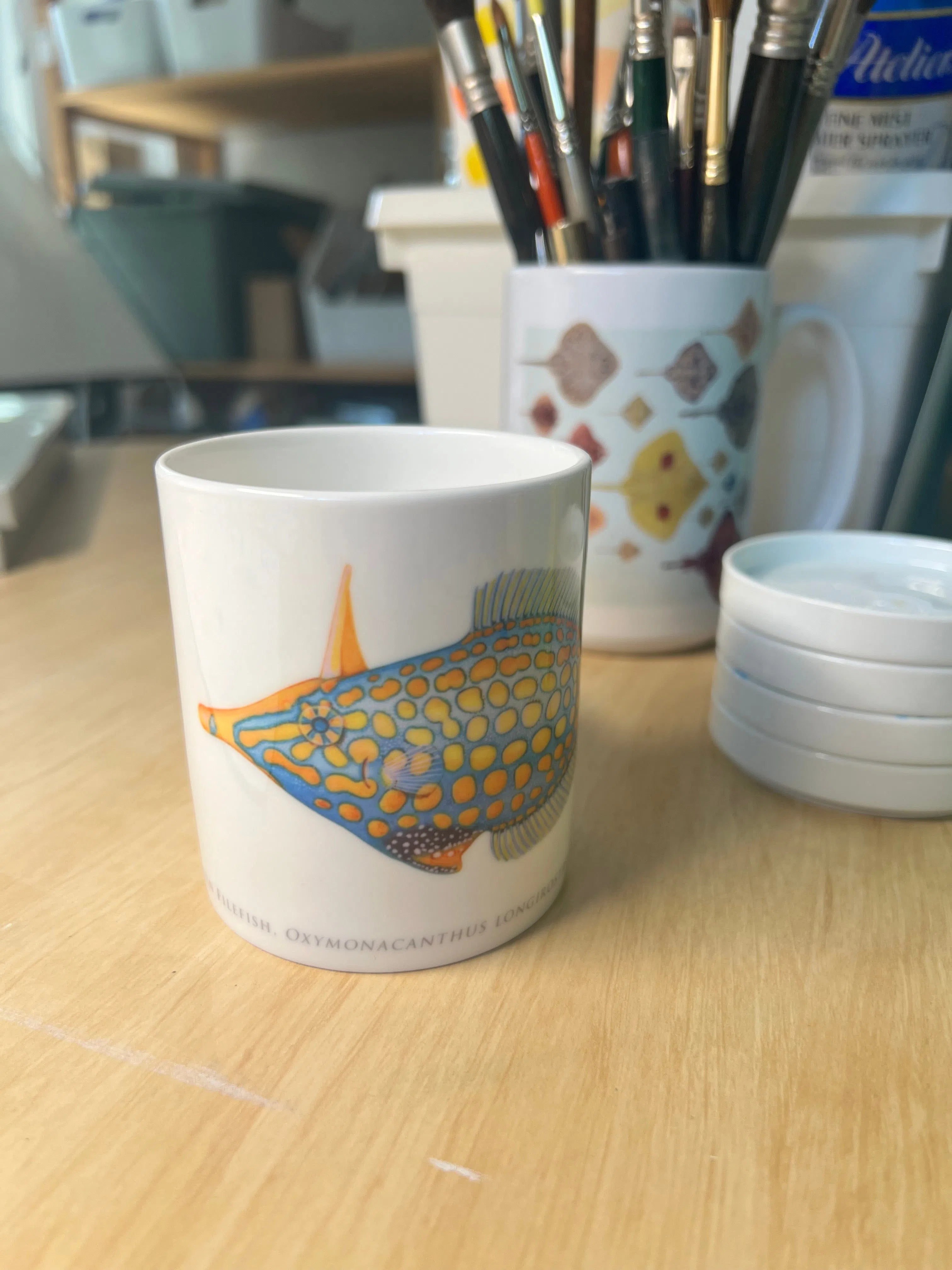 Harlequin Filefish - Fine Bone China Mug-Stick Figure Fish Illustration