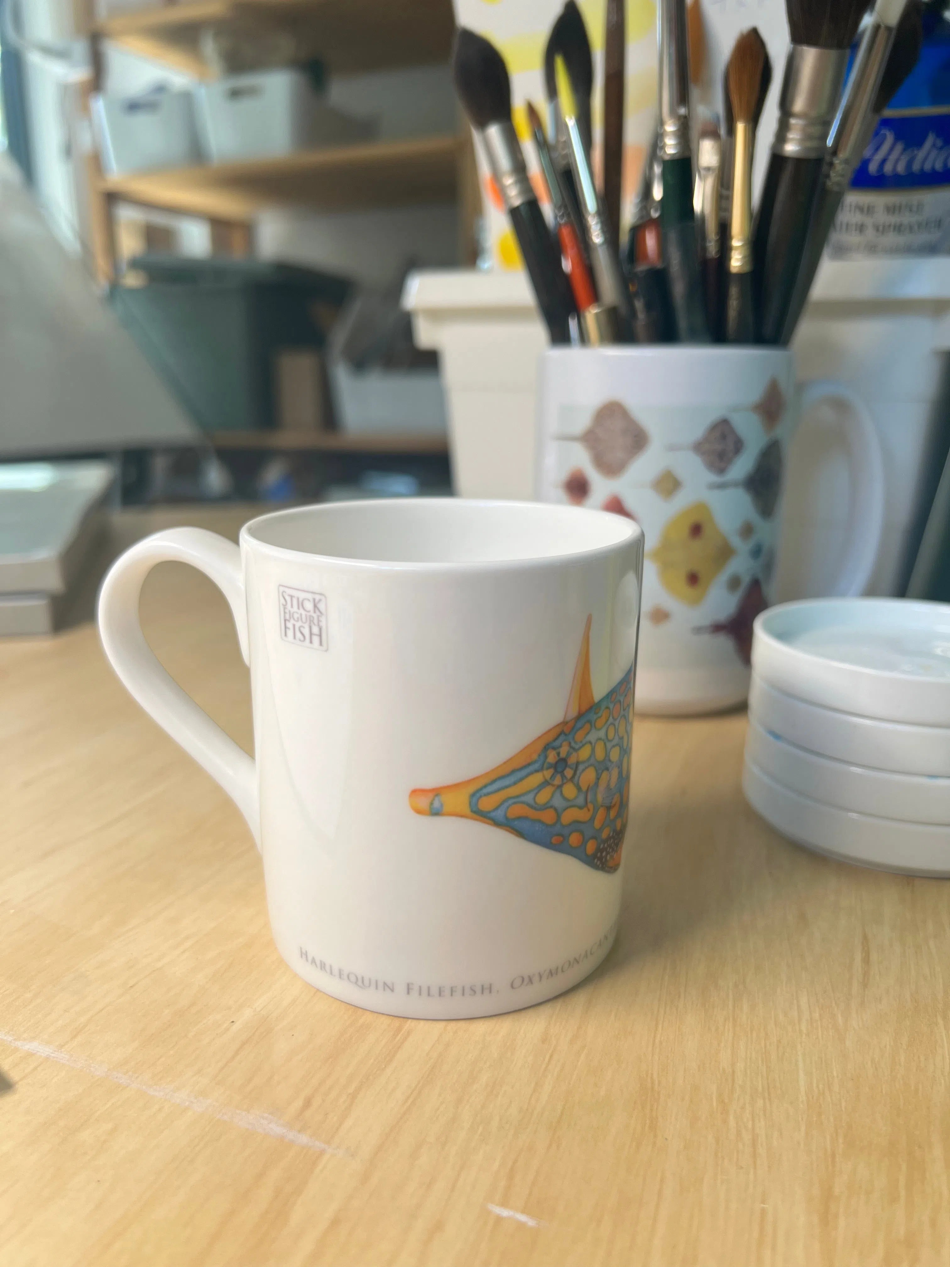 Harlequin Filefish - Fine Bone China Mug-Stick Figure Fish Illustration