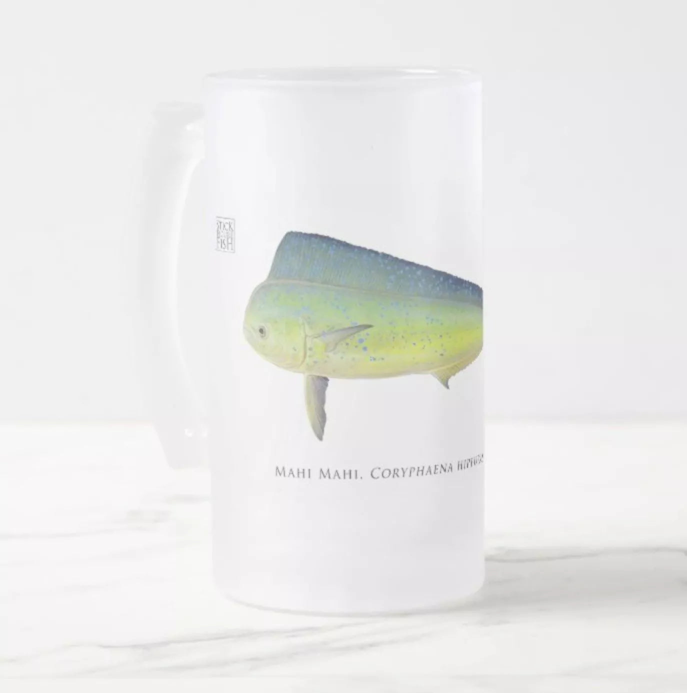 Mahi Mahi - Frosted Glass Stein-Stick Figure Fish Illustration