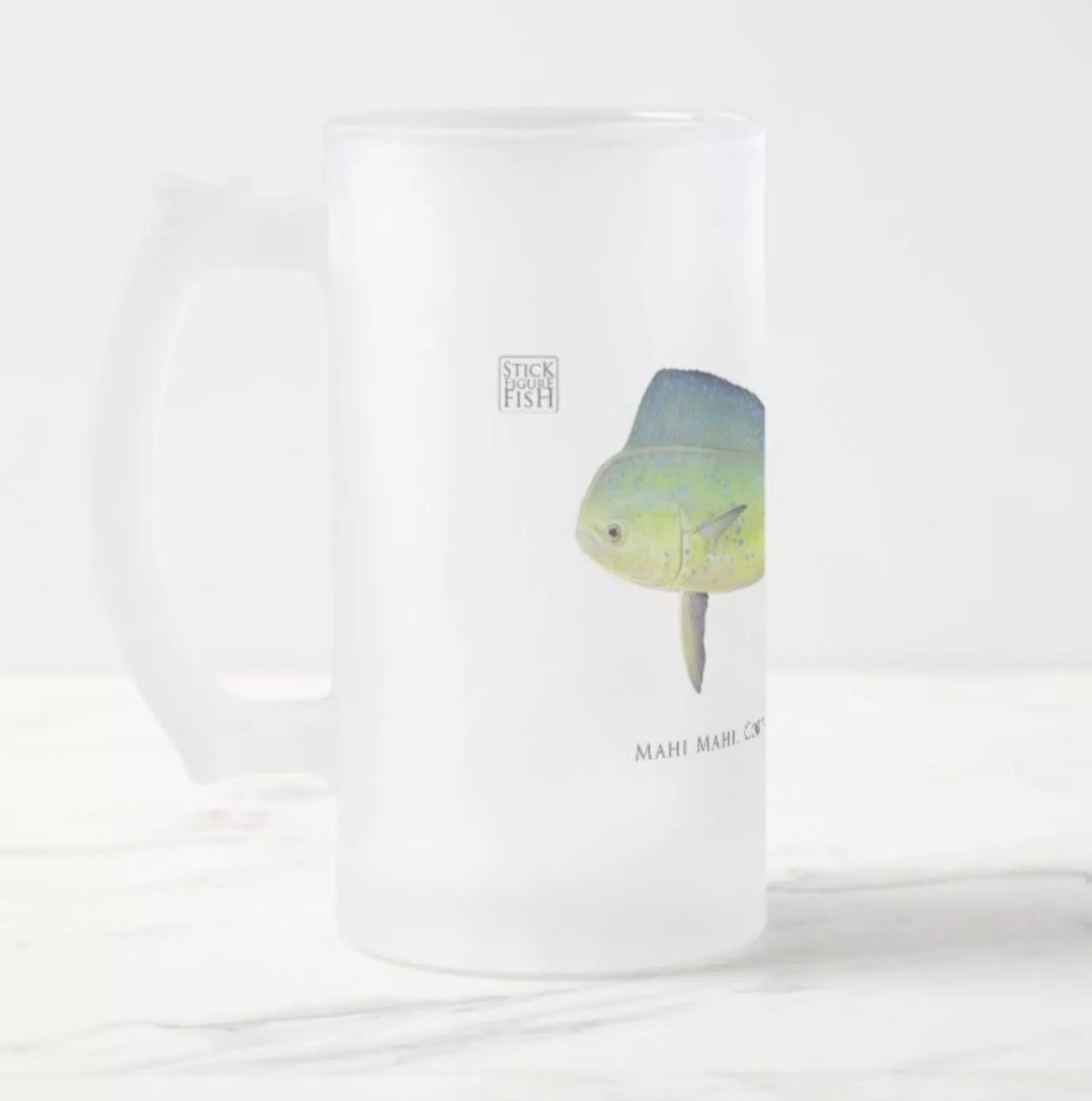 Mahi Mahi - Frosted Glass Stein-Stick Figure Fish Illustration