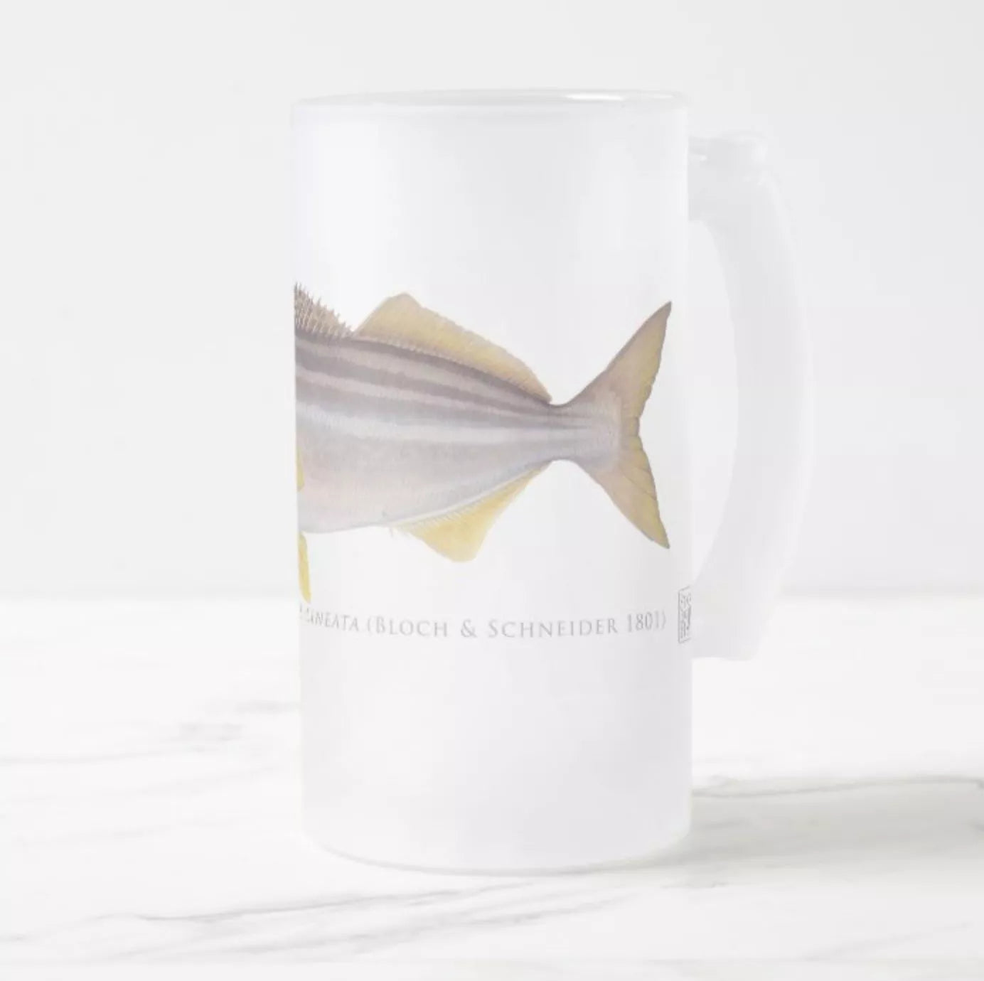 Striped Trumpeter - Frosted Glass Stein-Stick Figure Fish Illustration